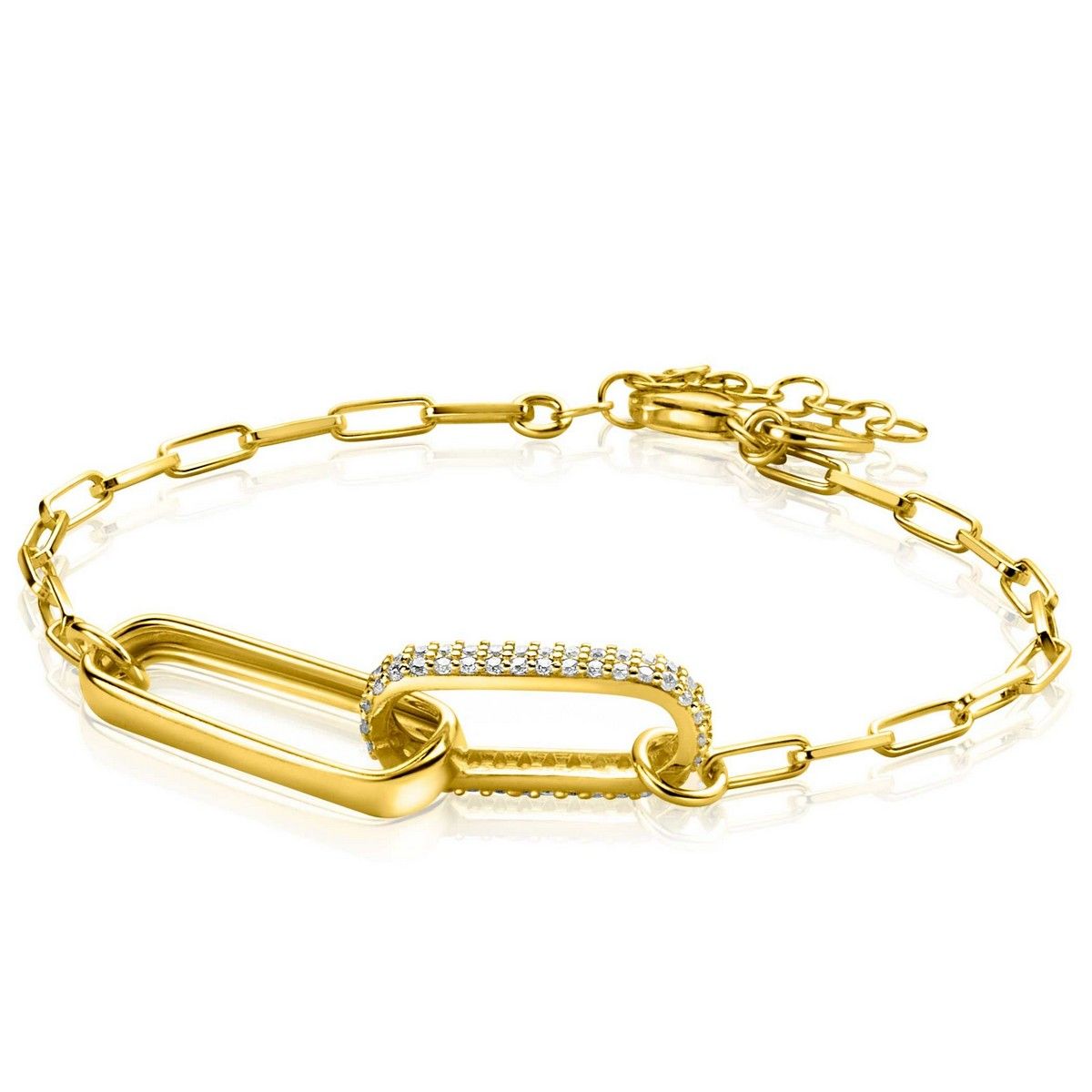 Zinzi gold plated zilveren armband met paperclip schakels, 2 grote ovale schakels en zirkonia&#39;s ZIA2371Y, exclusief en kwalitatief hoogwaardig. Ontdek nu!