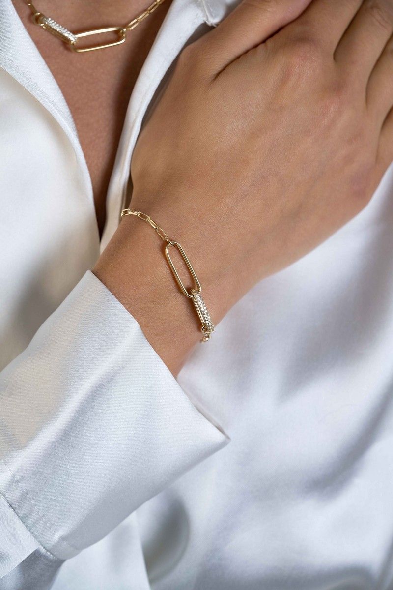 Zinzi gold plated zilveren armband met paperclip schakels, 2 grote ovale schakels en zirkonia&#39;s ZIA2371Y, exclusief en kwalitatief hoogwaardig. Ontdek nu!