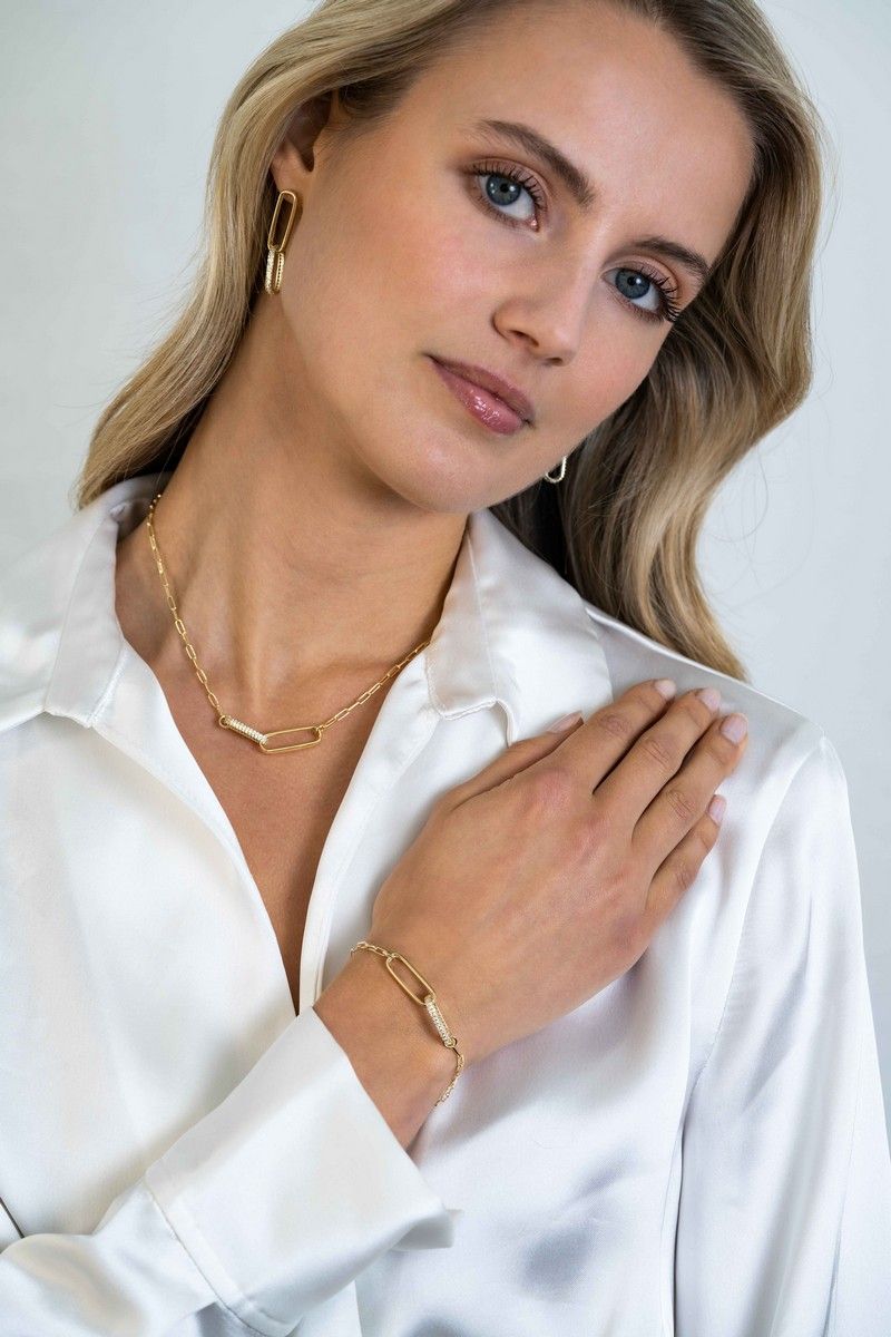 Zinzi gold plated zilveren armband met paperclip schakels, 2 grote ovale schakels en zirkonia's ZIA2371Y, exclusief en kwalitatief hoogwaardig. Ontdek nu!