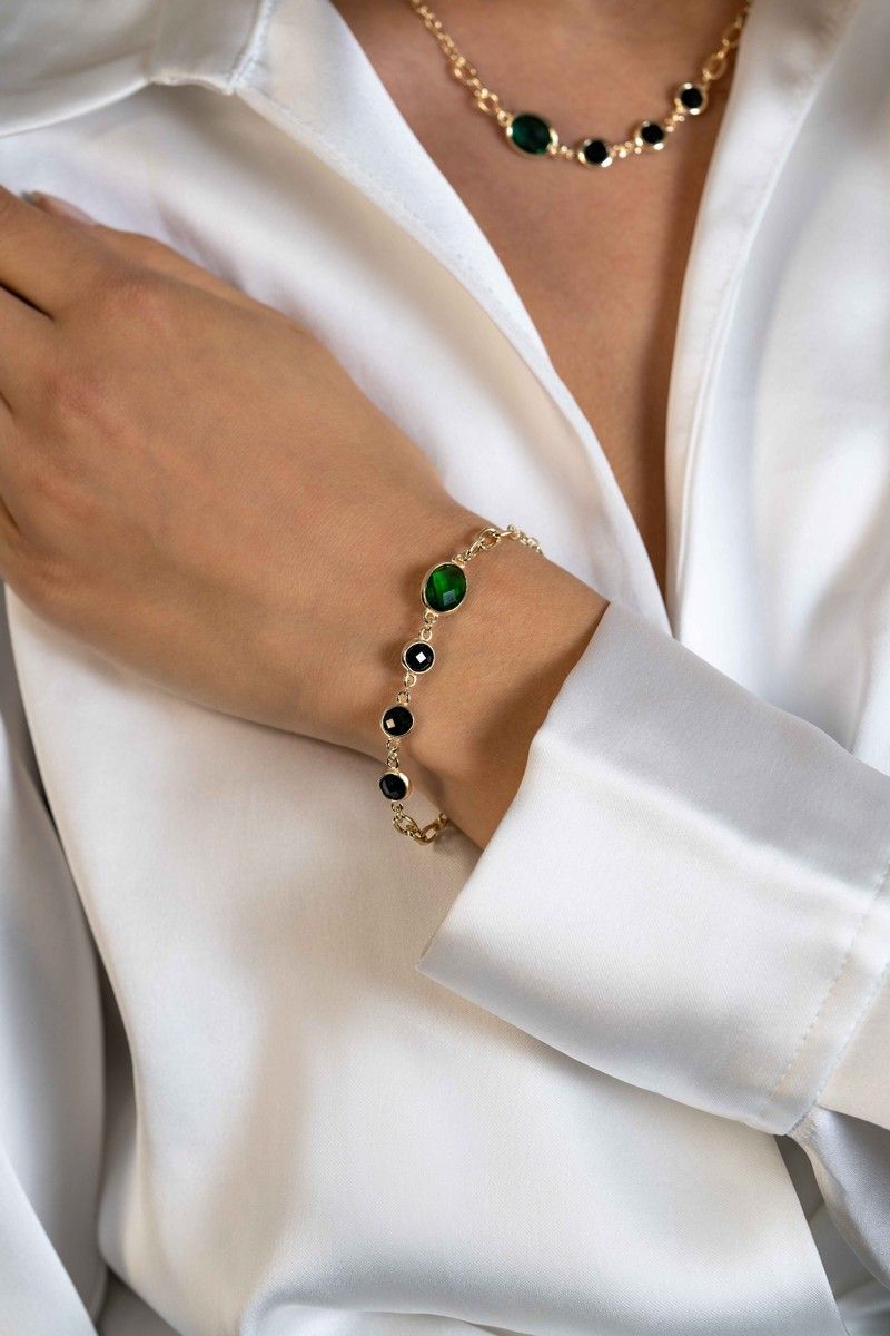 Zinzi gold plated zilveren armband met groene en zwarte kleurstenen ZIA2389, exclusief en kwalitatief hoogwaardig. Ontdek nu!