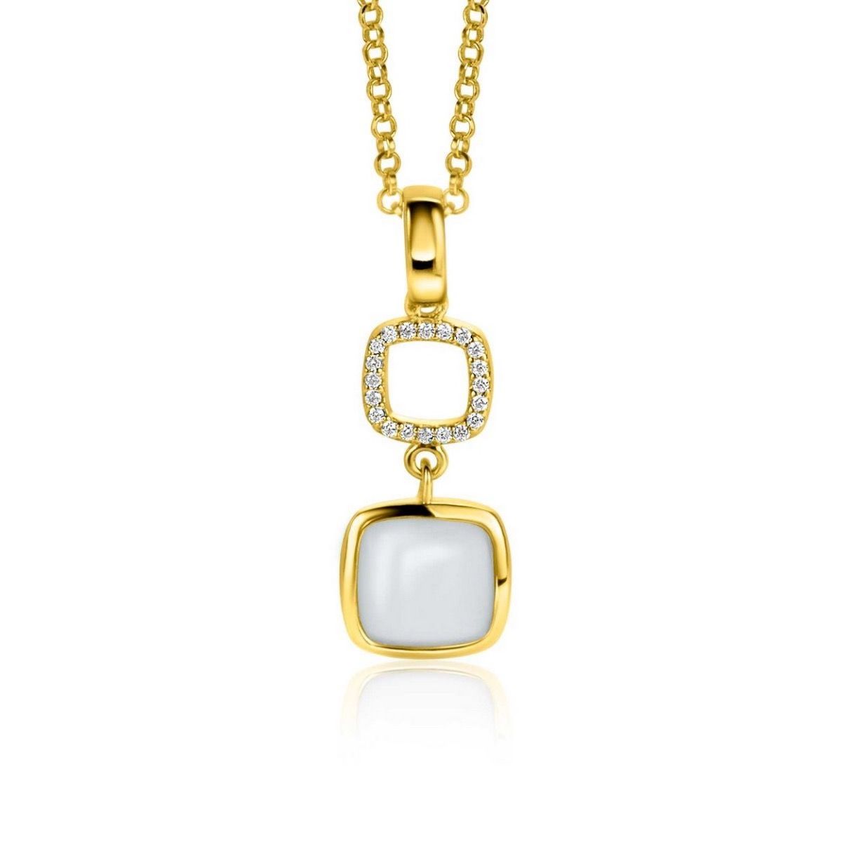 Zinzi gold plated zilveren tweezijdige hanger 30mm vierkant met witte onyx en mintgroene kleursteen ZIH2308, exclusief en kwalitatief hoogwaardig. Ontdek nu!