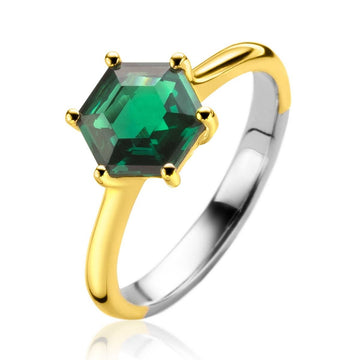 Zinzi zilveren ring geel verguld zeshoekig met groene kleursteen ZIR2259G, exclusief en kwalitatief hoogwaardig. Ontdek nu!