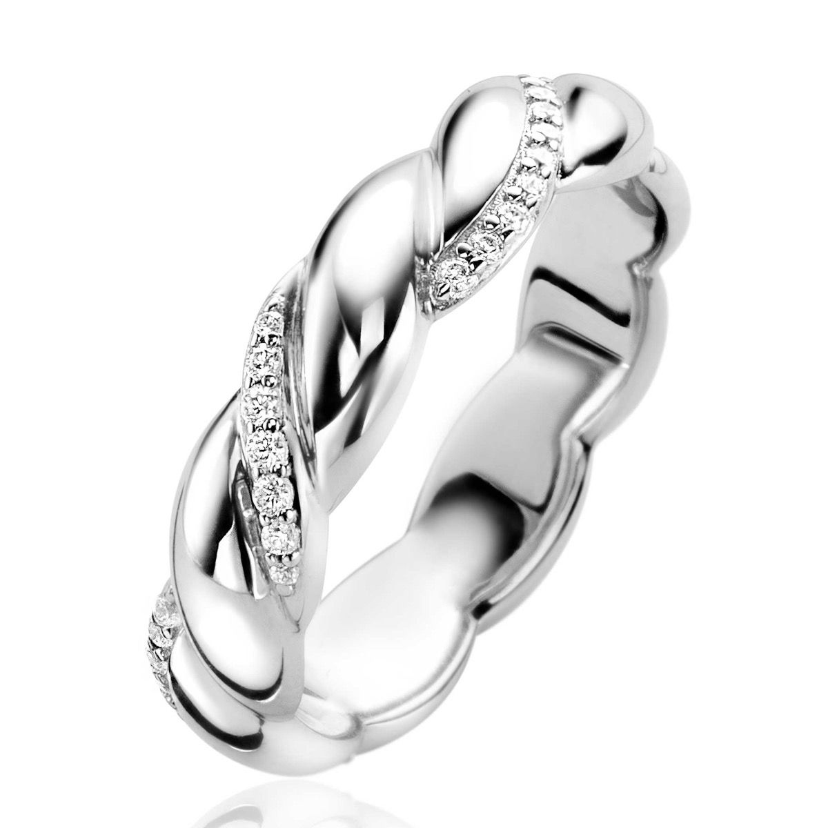 Zinzi zilveren ring met gedraaid effect, bezet met witte zirkonia&#39;s ZIR2295, exclusief en kwalitatief hoogwaardig. Ontdek nu!