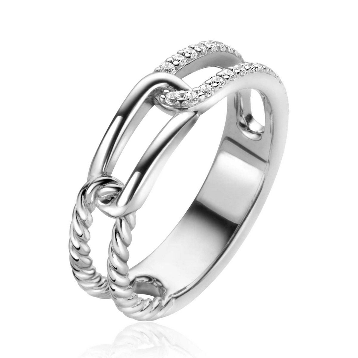 Zinzi zilveren luxe ring 5mm breed met 3 paperclip schakels, glad bewerkt witte zirkonia&#39;s ZIR2330, exclusief en kwalitatief hoogwaardig. Ontdek nu!