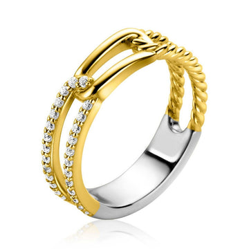 ZINZI gold plated zilveren ring met 3 paperclip schakels, glad bewerkt witte zirkonia's ZIR2330Y